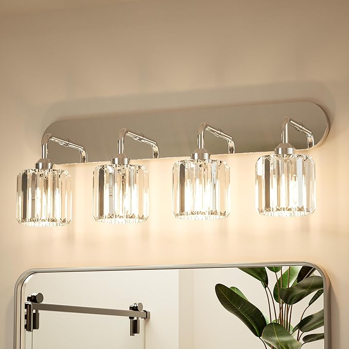 Keonjinn 4-Light Bathroom Light Fixtures, Crystal Chrome Bathroom Vanity Lights Over Mirror, Vanity Lighting Fixtures with Crystal Square Shades (E26 Socket, Exclude Bulb)