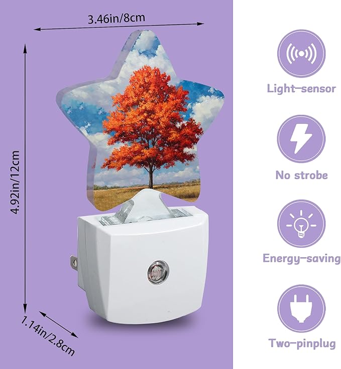 Maple Tree Decorative Nightlight Plug in Wall,Red Leaves Star Shaped Night Light with Built in Sensor for Home Decor,Kitchen Hallway Stairs Desk Lamp