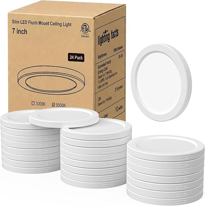 7 inch Round Dimmable LED Flush Mount Ceiling Light 0.63" Ultra-Thin 5000K Daylight White 12W Ceiling Light for Kitchen Bedroom Living Room Hallway Bathroom ETL Certified 24-Pack
