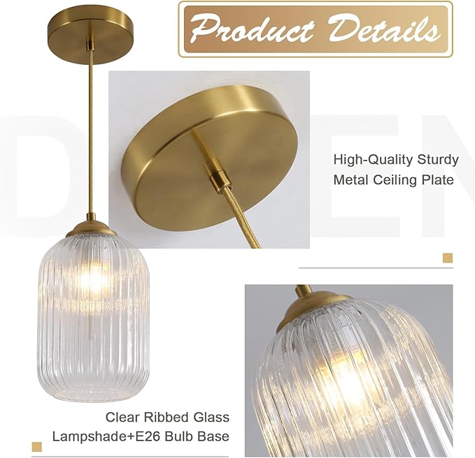 1 Light Mid Century Brushed Gold Pendant Lights Kitchen Island Modern Pendant Ceiling Light Clear Glass Hanging Lamp Mini Vintage Brass Hanging Light Fixture for Dining Room Bedroom MPL30-A