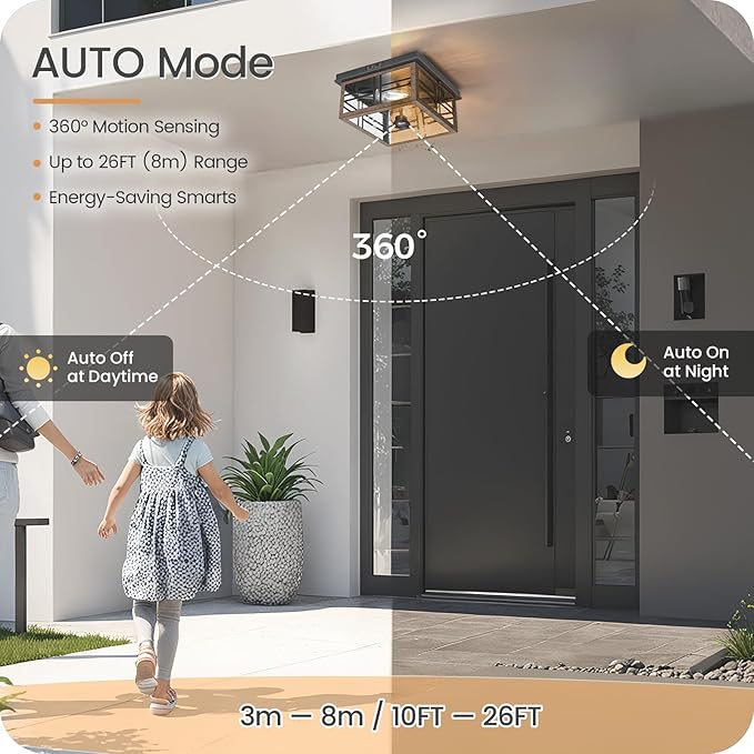 Infrared Sensor Outdoor Ceiling Light, Flush Mount Motion Sensor Ceiling Light, 2-Light Farmhouse with Bubble Glass, Bulbs Not Included, 4 Modes, for Porch, Garage, Hallway, Patio,FQ08XD05W1
