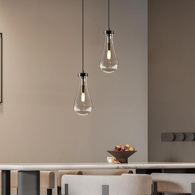 Raindrop Pendant Lights Kitchen Island: 2-Lights Black Crystal Teardrop Adjustable Height Pendant Light Fixtures over Dining Table - Modern Glass Rain Drop Ceiling Chandelier Bedroom Bathroom Lighting