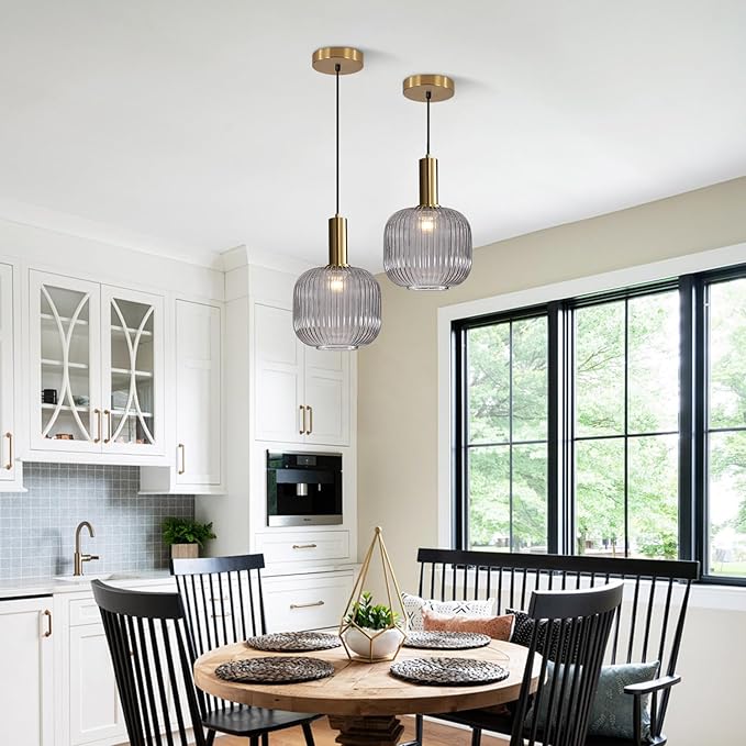 BOKT Modern Smoke Gray Glass Pendant Light 2-Pack Kitchen Island Globe Striped Pendant Lights Farmhouse Adjustable Cord Hanging Light Fixture for Dining Room