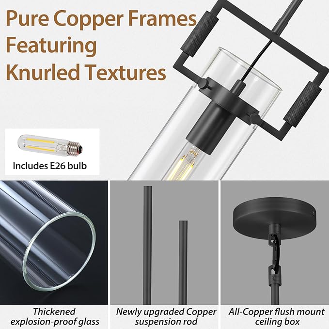 Black Pendant Lights Kitchen Island, Modern Glass Knurled Pendant Light,12Inch Copper Kitchen Pendant Lighting Over Island,Farmhouse Island Lights For Kitchen Sink,Bathroom,Bedroom,Included E26 Bulbs