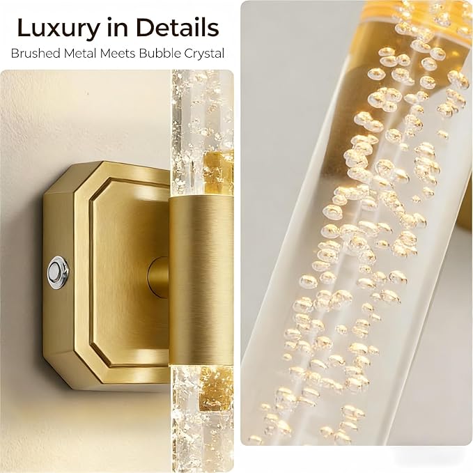 HISTAR Battery Operated Wall Sconce Set of 2, 10000mah Rechargeable Gold Crystal Wall Sconce, 3 Colors 360° Rotate Wireless Wall Scone Decor for Bathroom Bedroom Living Room, 20.5 Inch