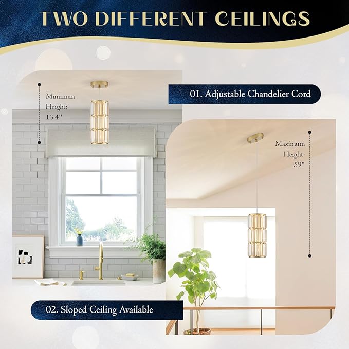 Gold Crystal Pendant Lights 3-Pack, Modern Mini Pendant Light Fixture with Adjustable Cord, Luxury Hanging Light for Kitchen Island, Dining Room, Bedroom, Hallway, Bar