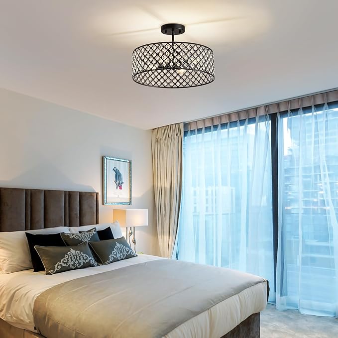 Black Crystal Ceiling Light Fixture,Modern Semi Flush Mount Ceiling Lighting Fixture,Round Small Chandelier for Dining Room, Hallway, Entryway, Kitchen, Bedroom,Foyer,4 Light,15.7 inch