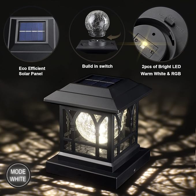 Solar Post Cap Lights, Warm White & RGB Automatic Cycling, Cracked Glass Bulb, 20 Lumens lP65 Waterproof Fit 3.6x3.6 4x4 4.5x4.5 5x5 Wood Fence Post Solar Powered Lights Black (6 Pack)