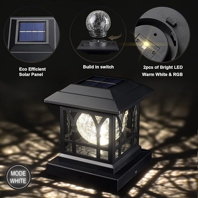 Solar Post Cap Lights, Warm White & RGB Automatic Cycling, Cracked Glass Bulb, 20 Lumens lP65 Waterproof Fit 3.6x3.6 4x4 4.5x4.5 5x5 Wood Fence Post Solar Powered Lights Black (12 Pack)