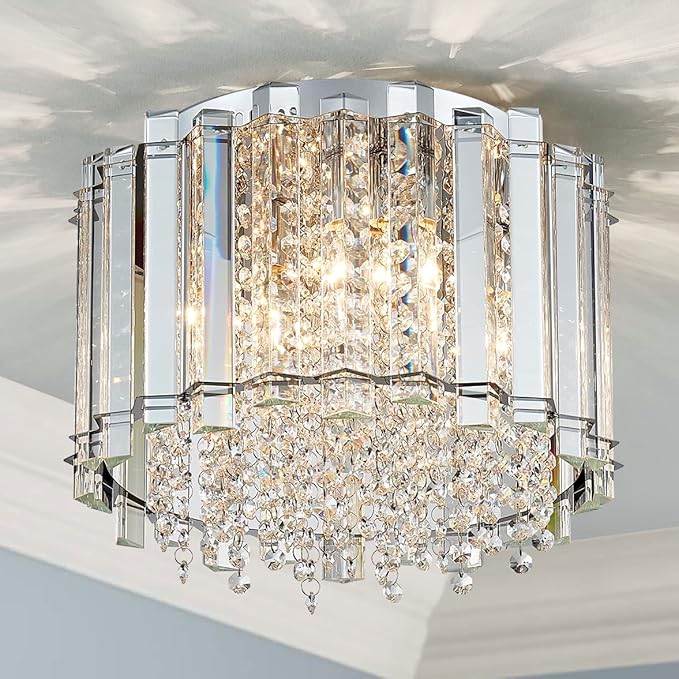 AGV LIGHTING CL026 K9 Crystal Ceiling Light Fixture, Flush Mount, Modern Design, D11 x H9.5, 4 x E12 Lights, Perfect for Living Room, Chrome Finish