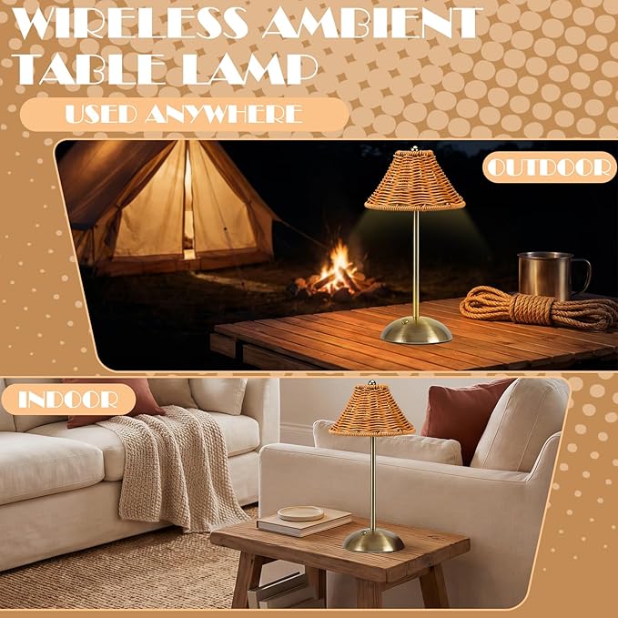 2 Pack Wedding Rattan Bow Cordless Table Lamps Rechargeable, Wicker LED Desk Lamp, 3 Colors Smooth Dimming, Portable Table Decor with Bows for Dining