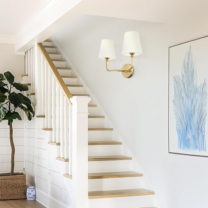 2 Light Bathroom Light Fixtures, Brushed Gold Vanity Lights, Double Wall Sconce with Beige Fabric Shade, Modern Sconces Wall Lighting for Hallway Bedroom Stairway, VL837-BG-B-2