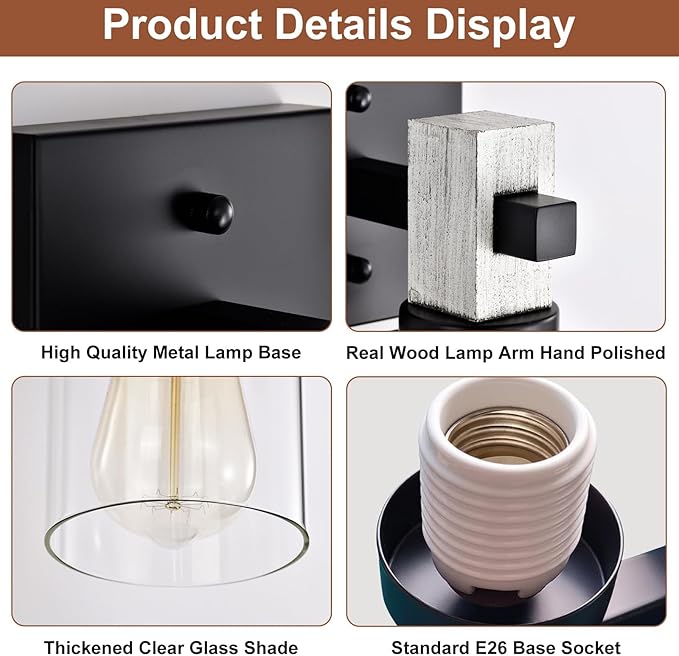Rustic Wall Sconces Set of 2,Hardwired 1-Light White Wood Farmhouse Sconce with Clear Glass Cylinder Shade,Matte Black Metal Wall Light,E26 Indoor Bathroom Vanity Fixture for Mirror,Bedroom,Hallway