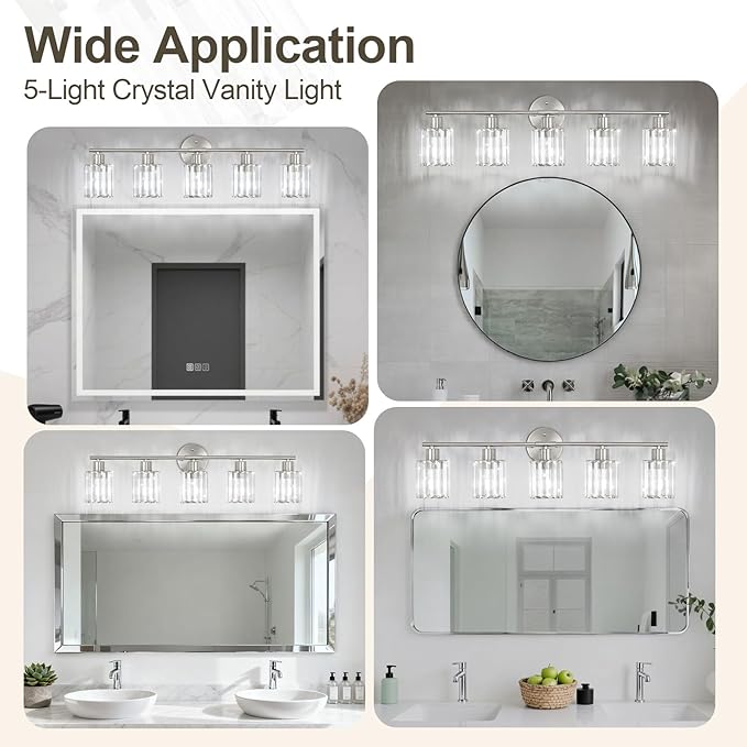 Crystal Bathroom Light Fixtures,Bathroom Lighting Fixtures Over Mirror, Modern 5-Light Brushed Nickel Vanity Lights for Mirror, Restroom,Kitchen(Ceramic E26 Socket,Bulbs Not Include)