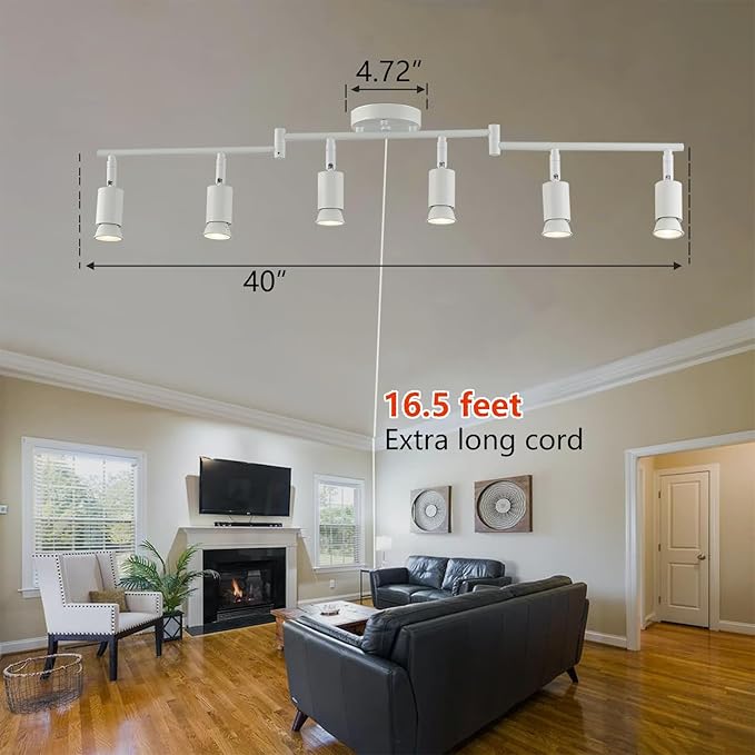 Dimmable 6 Light White Plug in Track Light White Plug in Ceiling Lighting Fixture with 16.4' Long Cord,6 Way Ceiling Spotlight,Rotatable Wall Mount Light Head,LED dimmable Spot Bulbs Included