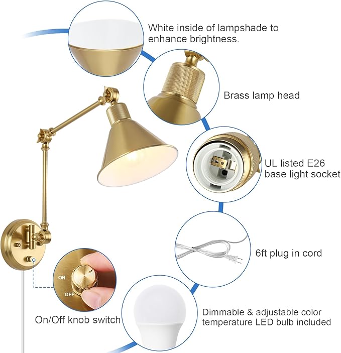TRLIFE Wall Sconce with Remote Control, Brushed Brass Plug in Wall Sconces Dimmable and Adjustable Color Temperature 2700K-6000K, Swing Arm Wall Lights with Plug in Cord, UL Listed(2 Pack, 2 Bulbs)