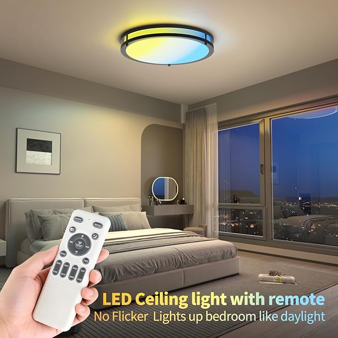 Kalium Ceiling Lights Flush Mount with Remote: LED Black Ceiling Lighting 8 Modes Dimmable Color, Adjustable Temperature for Bedroom, Living Room, Kitchen (16 Inch)