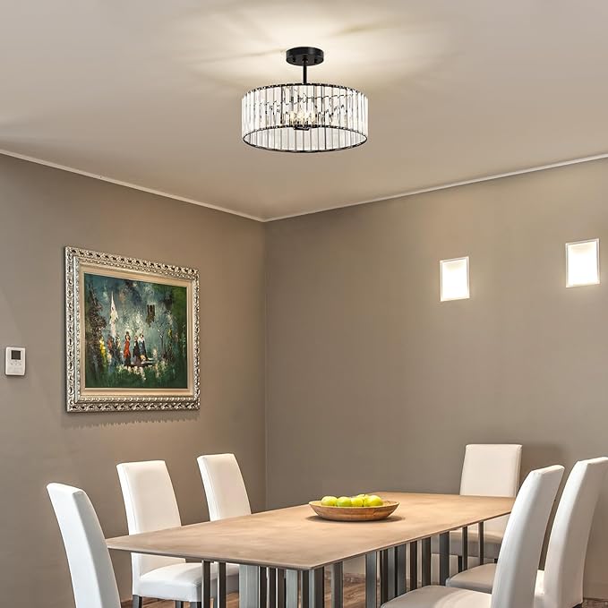 Modern Black Semi Flush Mount Ceiling Light Crystal 3-Light Light Fixture 15.75 Inch Kitchen Ceiling Lighting for Living Room Bedroom Dining Room Bathroom Entryway(Bulb Not Included)