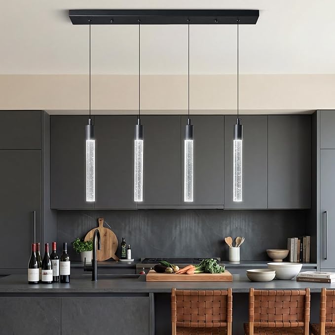 Kitchen Island Lighting Modern Light Fixture Black Pendant Light Dimmable LED Black Finish Mini Crystal Pendant Lights for Dining Room Living Room（4-Light ）
