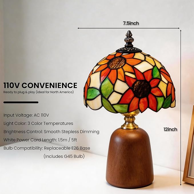 12.2" Tiffany Style Lamp, Handcrafted Stained Glass Sunflower Table Lamp with Solid Wood Base, 3-Color Dimmable Bedside Lamp for Nightstand & Bedroom, Vintage Aesthetic Accent Light