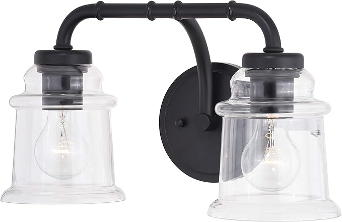 VAXCEL Toledo 2-Light 14.75 inch Wide Matte Black Industrial Bathroom Vanity Lighting Fixture, Clear Glass Shade, Dimmable, LED Compatible, Over The Mirror Mounted Steel Wall Sconce