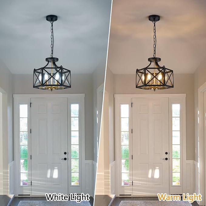6-Light Black and Brushed Gold Pendant Light, Modern Farmhouse Chandeliers for Dining Room, Adjustable Metal Cage Hanging Light, Vintage Geometric Pendant Lighting for Kitchen Entryway Foyer