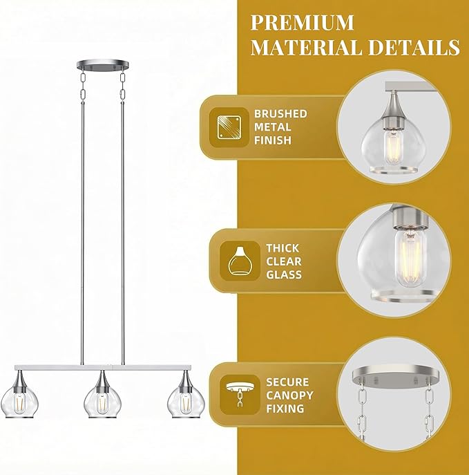 Kitchen Island Linear Pendant Light, 3-Light Modern Chandelier with Clear Glass Globe Shades, Linear Lighting Fixture Over Dining Table, Brushed Nickel