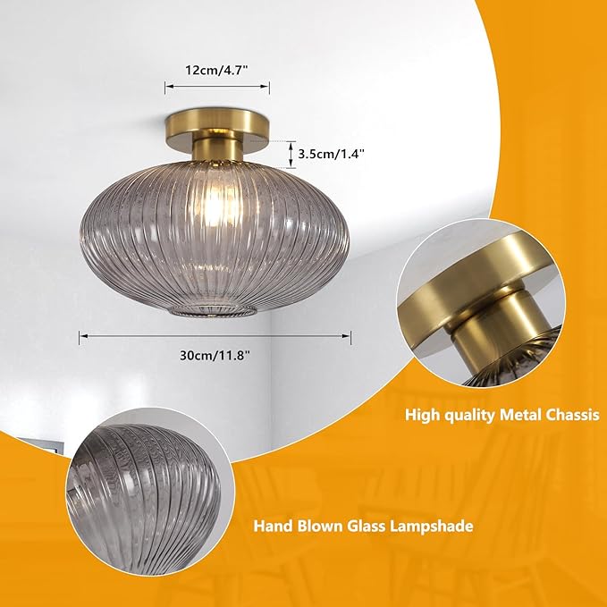BOKT Mid Century Globe Ceiling Light Fixture Farmhouse Smoke Grey Glass Ceiling Light Industrial Hallway Stripe Ceiling Lamp for Bathroom Entryway