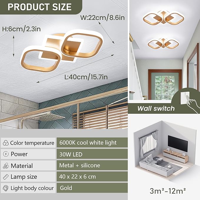 ElDISUNY Modern Ceiling Lights LED 30W Black Elegant Square Lamp LED Ceiling Lights Fixture for Hallway Office Kitchen Living Room Bedroom Dining Room -30w Cool White 6000K