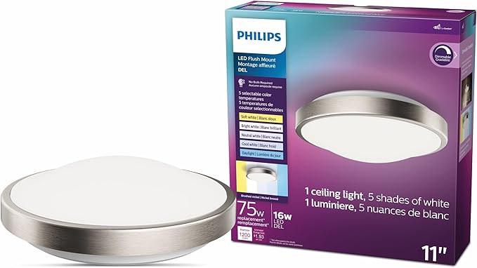 Philips LED 11" Flush Mount Ceiling Light 1-Pack, Selectable White Multi-CCT Brushed Nickel, 1200 Lumen (16W = 75W) Dimmable Ceiling Light, Frosted Flicker-Free, No Bulbs Required