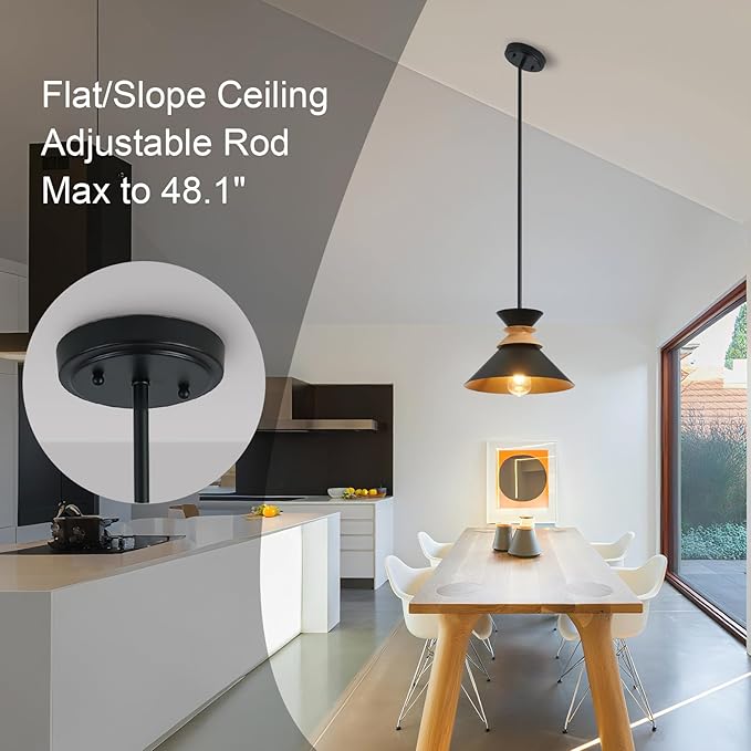 12 Inch Black Pendant Lights Kitchen Island Hanging Light Fixtures Adjustable Rod Height Pendant Lighting for Dining Room 1 Pack