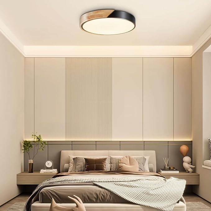 Modern Flush Mount Ceiling Light, Wood Ceiling Light Fixture, Warm White 3000K Not Dimmable, Minimalist Ceiling Lamp with Acrylic Lampshade for Bedroom, Living Room, Hallway(Black, 11.8")