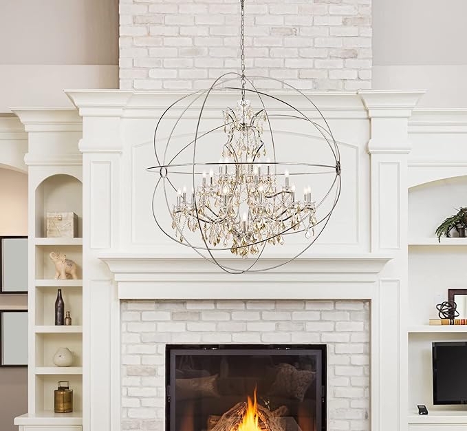 Elegant Lighting Geneva Collection 25-Light Pendant Lamp with Royal Cut Golden Teak Crystals, Dark Bronze Finish