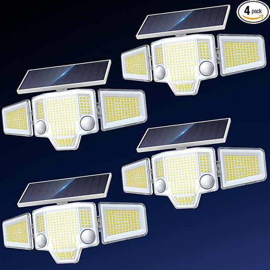 2026 White Motion Sensor Solar Lights Outdoor, 4000LM Solar Flood Lights with Dual PIR & Curved 300° Wide Beam, Larger 3500mAh Adjustable Solar Security Spot Lights Waterproof for Yard-4Pack