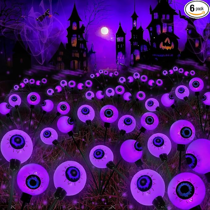 Solar Halloween Decorations Outdoor 6 Pack 36 LED Purple Eyeball Lights | Newly 3-Tier Design, 2 Lighting Modes, Auto ON/OFF, IP65 Waterproof, Creepy Lights for Walkway Yard Garden Scary Gathering