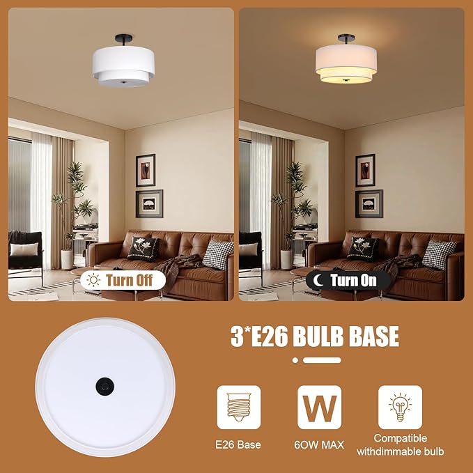 FRIDEKO HOME Semi Flush Mount Ceiling Light - Double Drum 3-Light Ceiling Light Fixture Farmhouse Chandelier with White 2-Layer Classic Fabric Linen Shade Design for Living Room, Bedroom, Kitchen