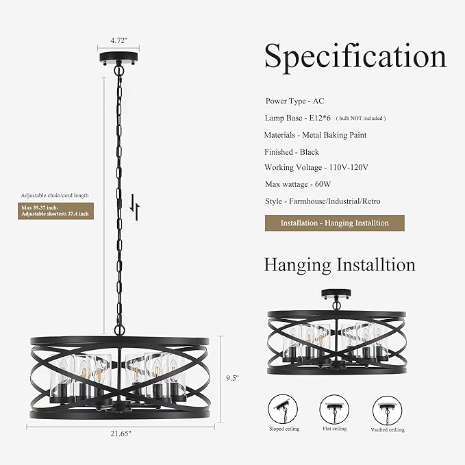 6-Light Farmhouse Drum Pendant Light,21.65'' Nature Wood Texture Vintage Rustic Chandeliers Black Metal Industrial Glass Shade Hanging Light Fixtures for Entryway, Bedroom Dining Room