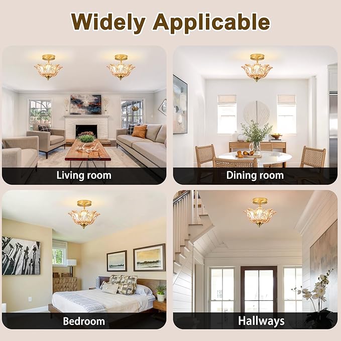 Semi Flush Mount Ceiling Light, Gold Vintage Light fixtures with Floral Amber Glass Shade, Modern Close-to-Ceiling Lighting for Bedroom Kitchen Living Room Hallway