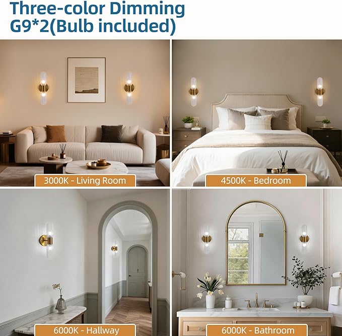Modern Gold Wall Sconces, 2-Light Hardwired Brass Vanity Light Fixture with Glass Shade, Wall Lighting for Living Room Bedroom Bathroom Hallway, 2 G9 LED Bulbs Included