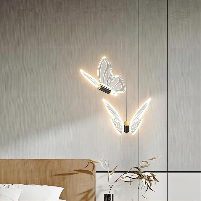 2 Lights Butterfly Black Pendant Light, 13.8 Inch LED Acrylic Hanging Lamp for Bedroom, Living Room, Kitchen Island (Black, Butterfly)