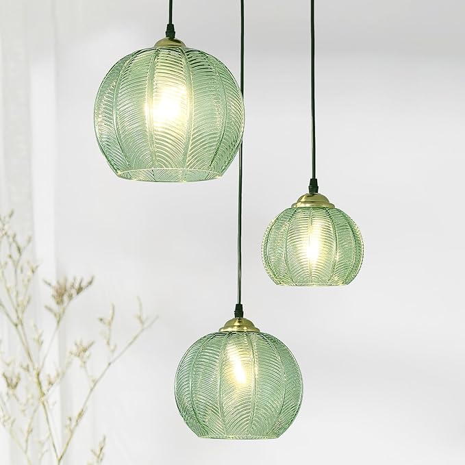 3-Light Glass Globe Light for Kitchen Island, Mid-Century Modern Pendant Ball Chandelier with Green Ribbed Lampshade, Vintage Hanging Ceiling Light Fixture for Dining Room, Over Sink, Table