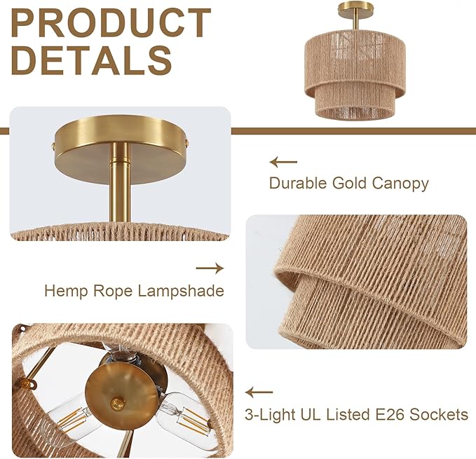 3-Light Boho Light Fixtures Ceiling Mount, 12.6" Rattan Semi Flush Ceiling Light with 2-Tier Shade, Rustic Hand-Woven Chandelier for Hallway Kitchen Foyer Farmhouse Bedroom