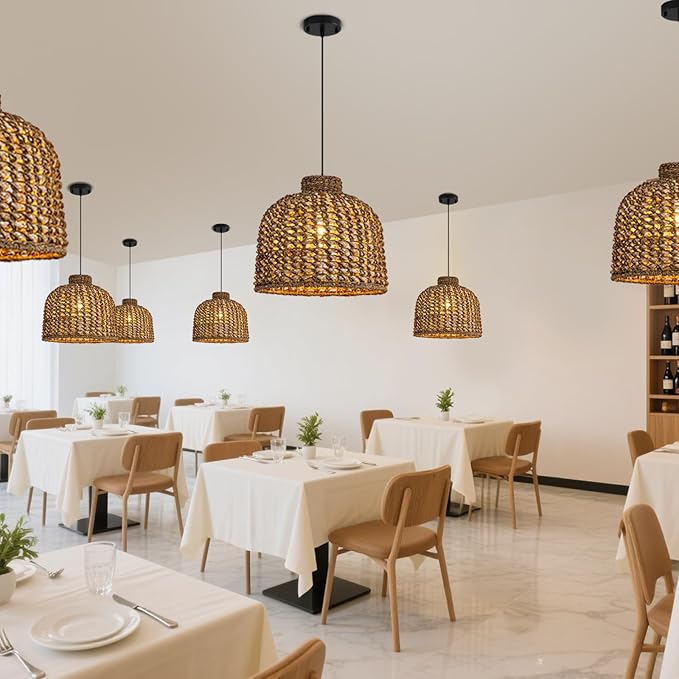 Rattan Pendant Light Fixtures,13.78" Boho Seagrass Pendant Light,1-Pack Hand Woven Water Plants Rattan Chandelier for Dining Living Bedroom Kitchen Farmhouse