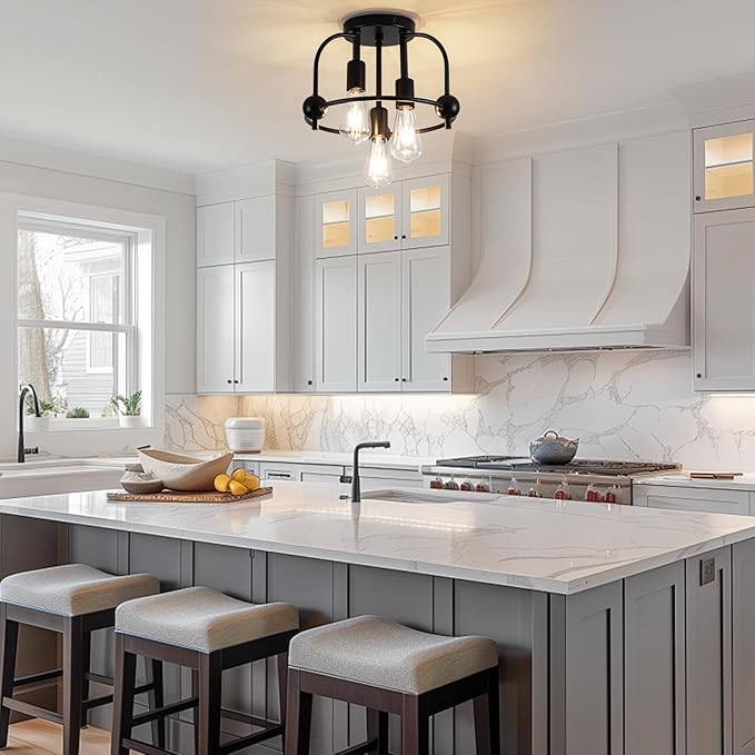 3 Light Industrial Ceiling Light Black Semi Flush Mount Lights Close to Ceiling Light Fixtures,cage Design Farmhouse Ceiling Lighting for Kitchen Bedroom Bathroom Foyer Hallway (E26, 2Pack)