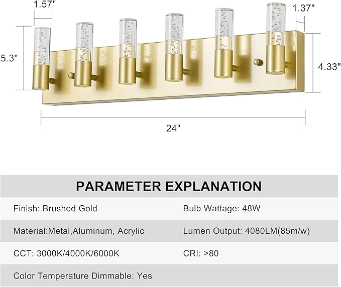 Bathroom Vanity Light Fixtures Over Mirror, Brushed Golden Finish Coating, 6 Light Wall Sconces for Bathroom