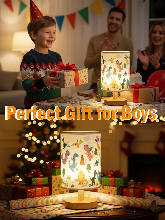Kids Table Lamp for Bedroom,Dinosaur Room Decor for Boys,3 Level Dimmable Wood Nightstand Desk Base Flaxen Fabric Shade for Bedroom Living Room,Dinosaur Gifts for Boys (Colour)