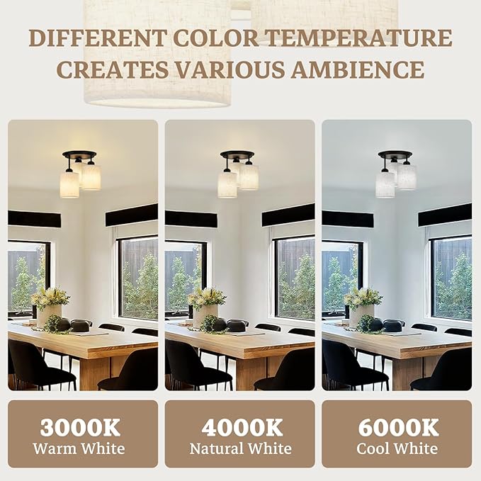 Semi Flush Mount Ceiling Light, 3-Light Close to Ceiling Light Fixtures, Matte Black Kitchen Light Fixtures with Linen Fabric Shade, Hallway Light Fixtures Ceiling Mount for Foyer Entryway