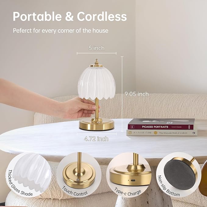 Shenmoyl Set of 2 Tulip Table Lamp with 5200mAh Battery & Touch Control, Cordless Small Table Lamp with 3 Colors, Rechargeable Battery Operated Table Lamps for Nightstand, Bedroom (White Tulip)