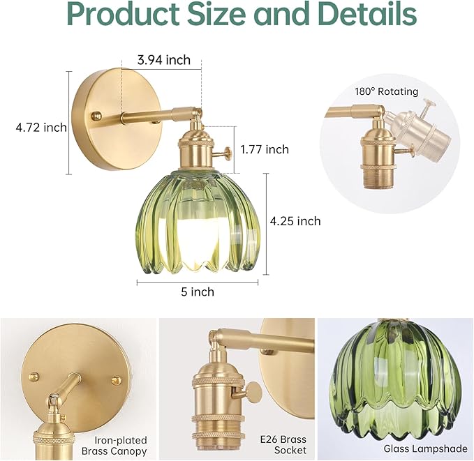 Shenmoyl Vintage Battery Operated Wall Sconce with Green Tulip Glass Lampshade Rechargeable Battery Powered Wall Light with Remote Control for Bedside Bedroom Doorway