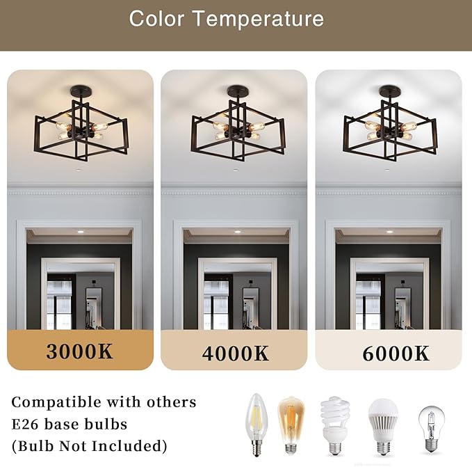 HuisMier 4 Lights Black Industrial Ceiling Light Fixtures, Farmhouse Semi Flush Mount Ceiling Light Fixture Black Industrial Chandelier for Kitchen Island Dining Room Bedroom Foyer Hallway
